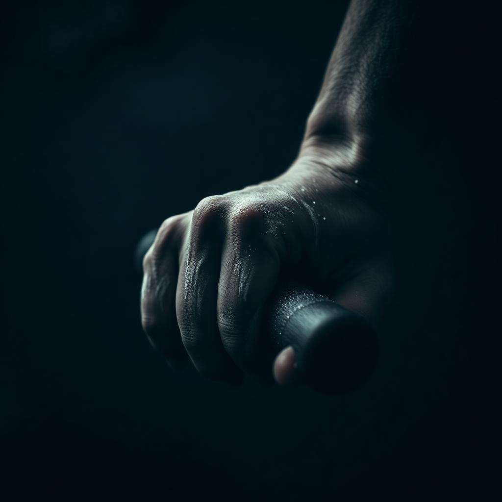 Chalked hand gripping a barbell