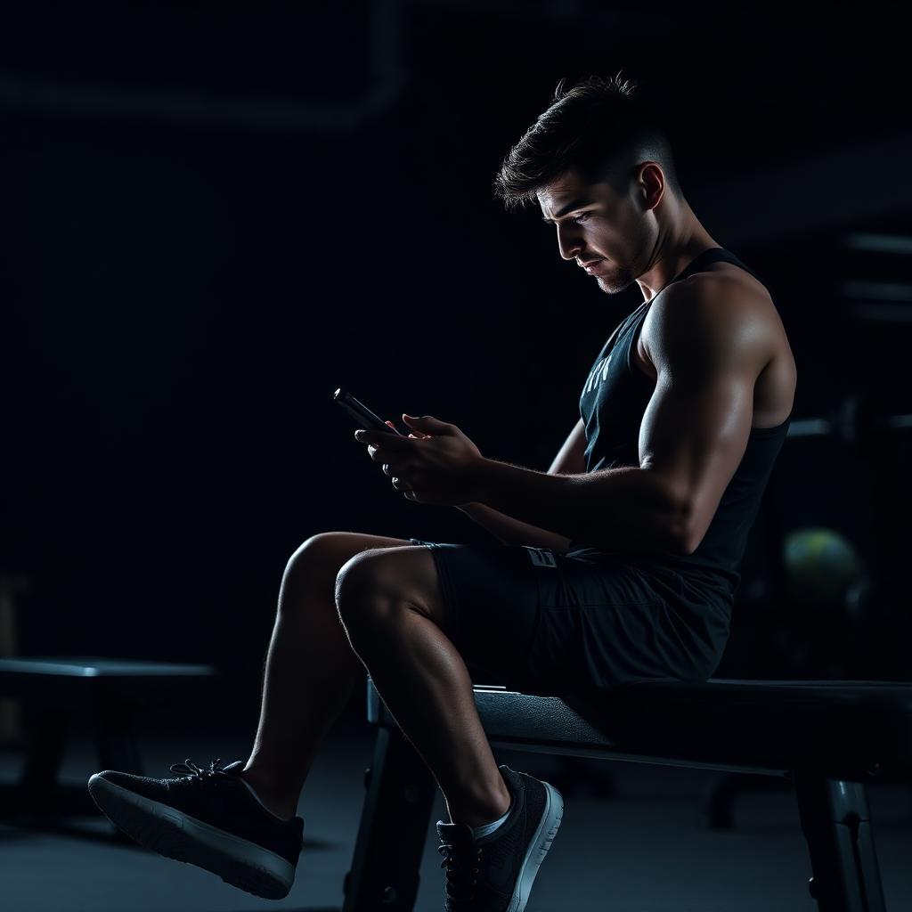 Athlete checking phone on a gym bench